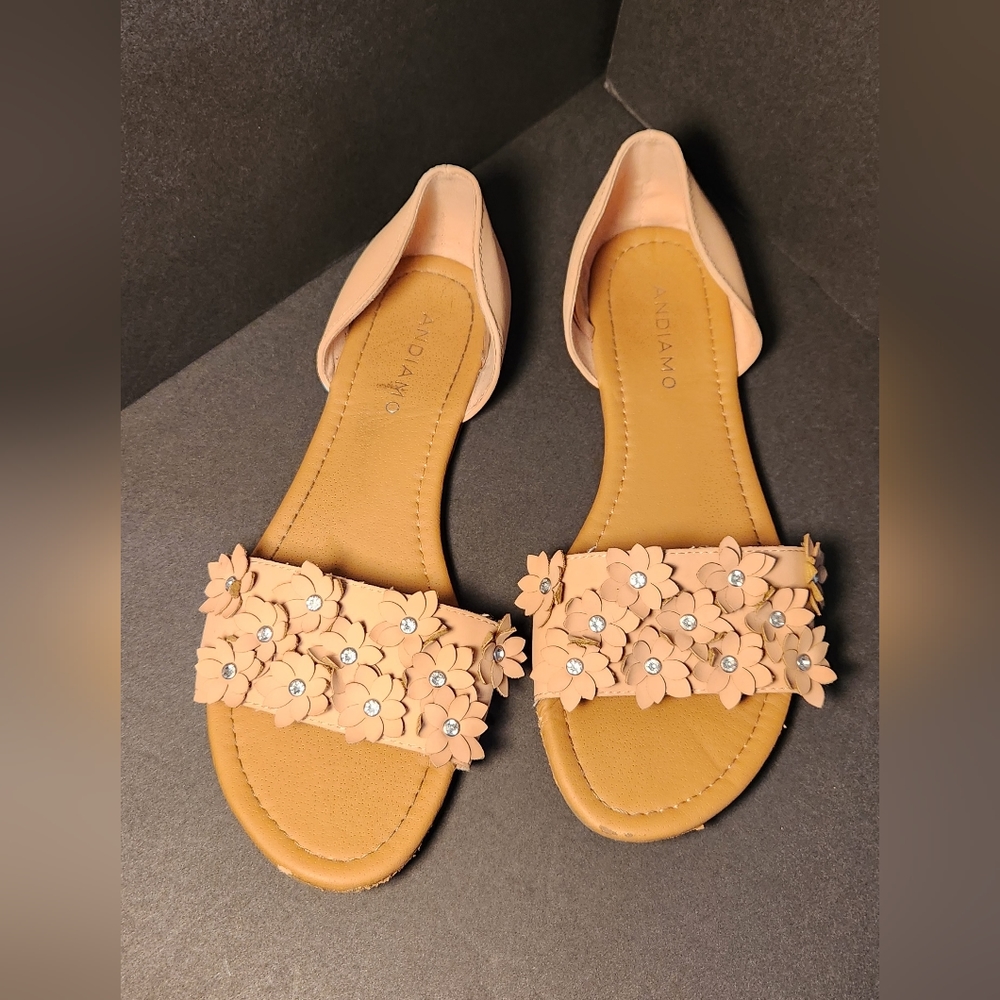 Andiamo womens 8.5 pretty  jeweled flower strapped slip on flat sandle